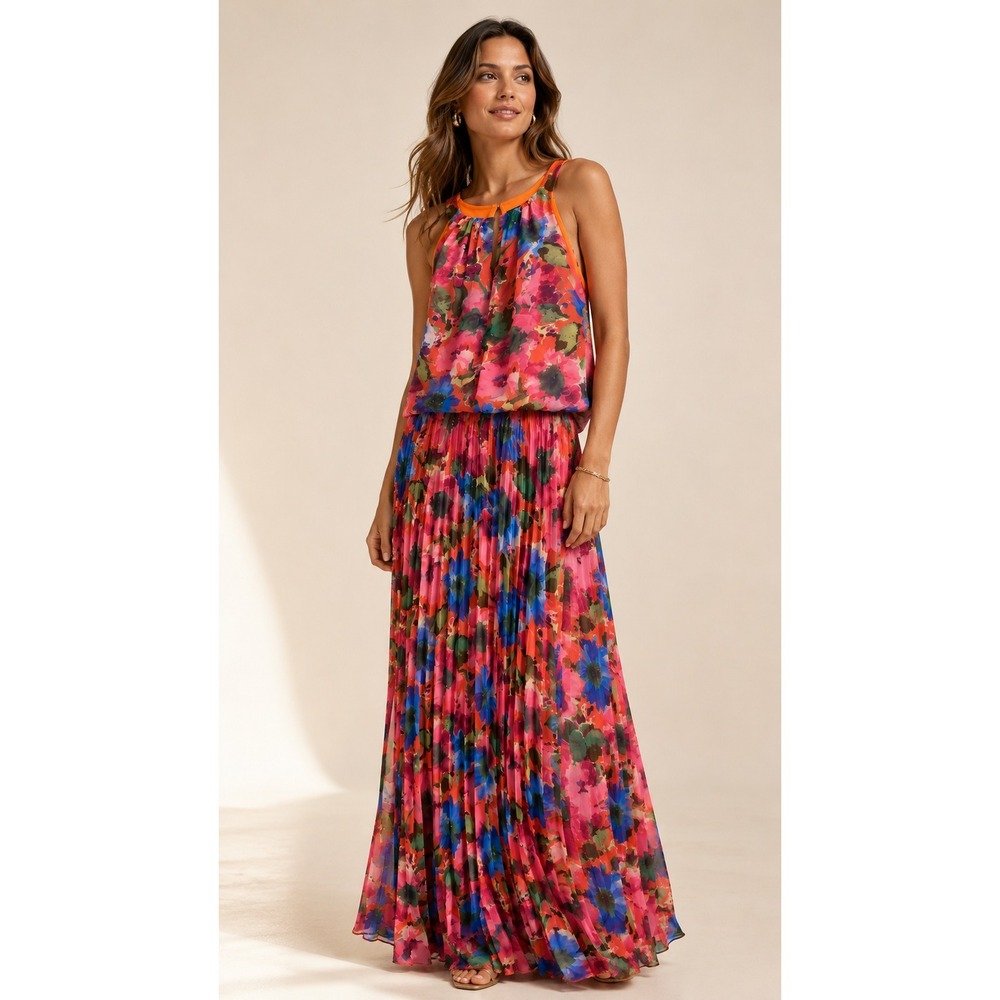 XSCAPE Women Maxi Dress 6 Pink XC319 Pleated Floral Print Blouson Tropical